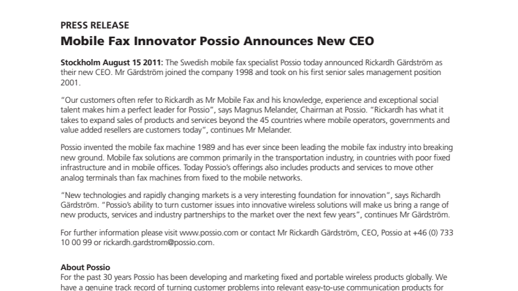 Mobile Fax Innovator Possio announces new CEO
