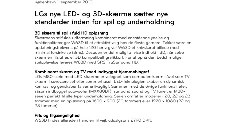 LGs nye LED- og 3D-skærme sætter nye standarder inden for spil og underholdning 
