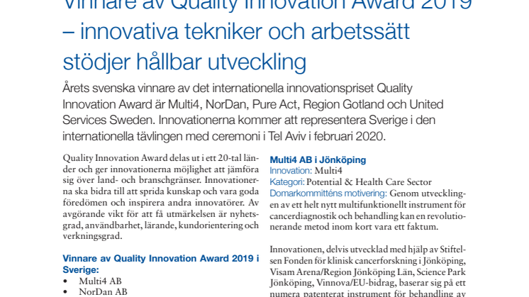 Quality Innovation Award 2019 – innovativa tekniker och arbetssätt stödjer hållbar utveckling