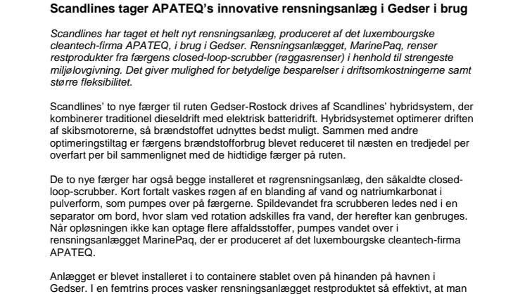 Scandlines tager APATEQ’s innovative rensningsanlæg i Gedser i brug