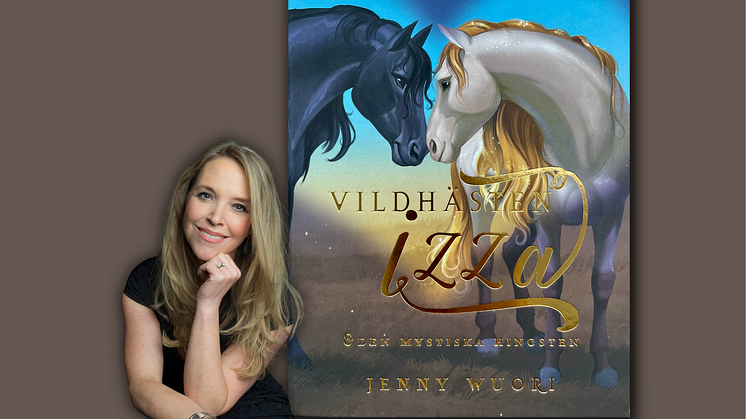 Jenny Wuori och framsidan på ”Vildhästen Izza och den mystiska hingsten”