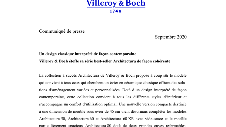 Un design classique interprété de façon contemporaine - Villeroy & Boch étoffe sa série best-seller Architectura de façon cohérente