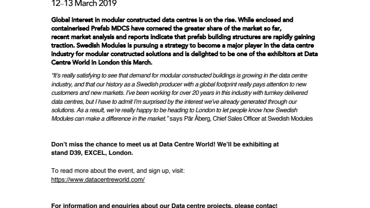 Swedish Modules to attend Data Centre World in London  12–13 March 2019