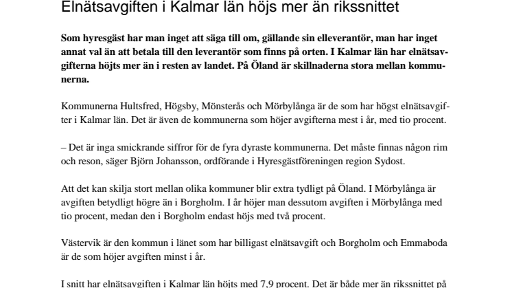 Elnätsavgiften i Kalmar län höjs mer än rikssnittet