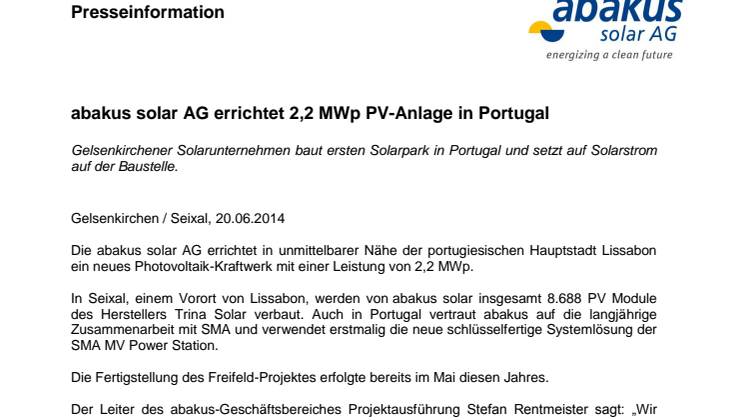 abakus solar AG errichtet 2,2 MWp PV-Anlage in Portugal