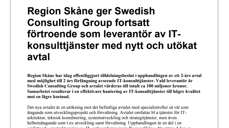 Region Skåne ger Swedish Consulting Group fortsatt förtroende som leverantör av IT-konsulttjänster med nytt och utökat avtal