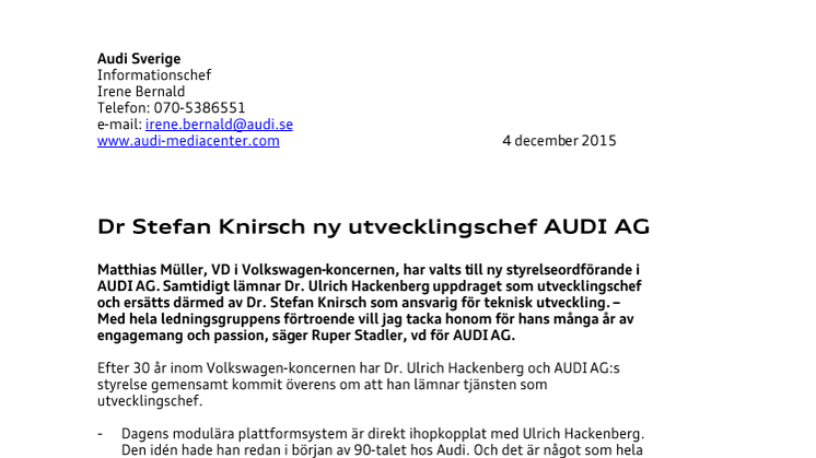 Dr Stefan Knirsch ny utvecklingschef AUDI AG