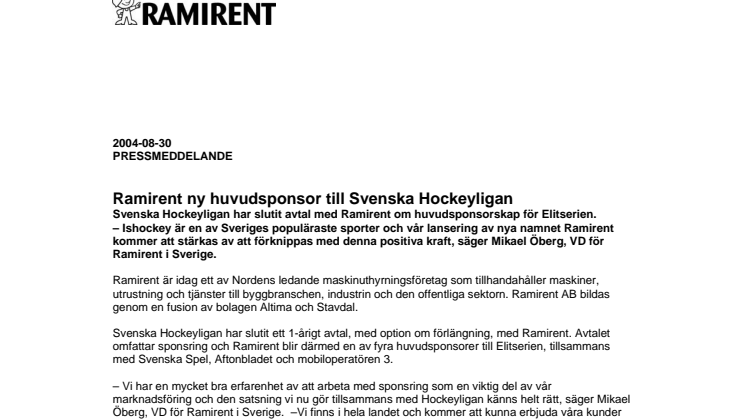 Ramirent huvudsponsor till Svenska Hockeyligan