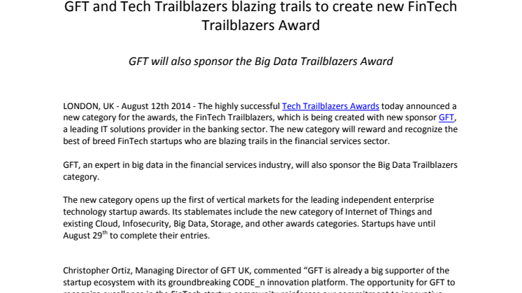 GFT and Tech Trailblazers blazing trails to create new FinTech Trailblazers Award 