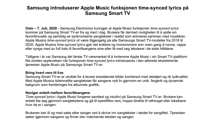 Samsung introduserer Apple Music funksjonen time-synced lyrics på Samsung Smart TV