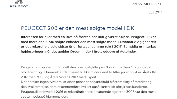 PEUGEOT 208 er den mest solgte model i DK