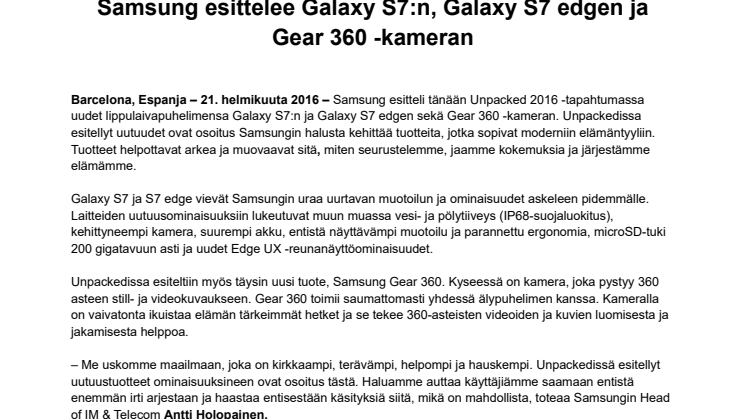 Samsung esittelee Galaxy S7:n, Galaxy S7 edgen ja Gear 360 -kameran