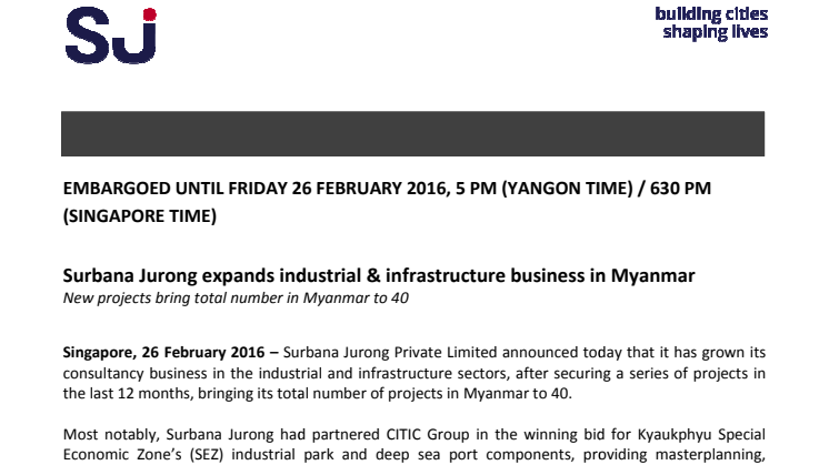 Surbana Jurong expands industrial & infrastructure business in Myanmar