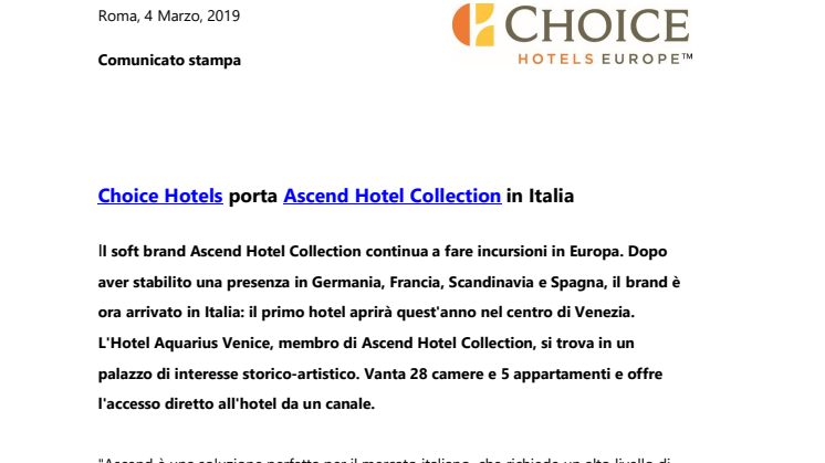 Choice Hotels porta Ascend Hotel Collection in Italia