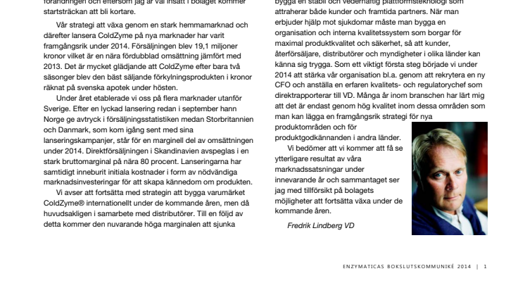 Bokslutskommuniké 2014 för Enzymatica AB (publ) 