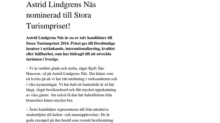 Astrid Lindgrens Näs nominerade till Stora Turismpriset