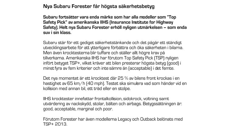 Nya Subaru Forester får högsta säkerhetsbetyg