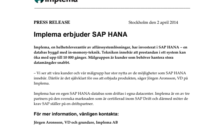 Implema erbjuder SAP HANA