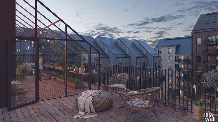 Kvarteret Daggkåpan kommer att få många ytor för social gemensakp, bland annat takterrass med växthus.