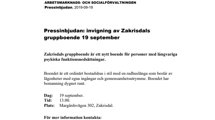 Pressinbjudan: invigning av Zakrisdals gruppboende 19 september