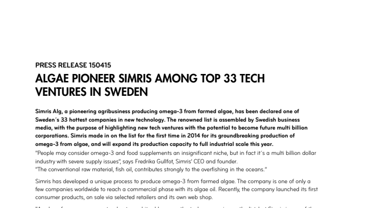 Algae pioneer Simris among top 33 tech ventures in Sweden