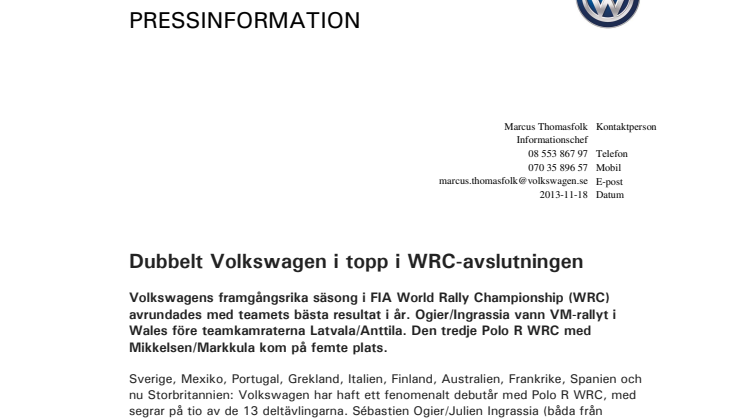 Dubbelt Volkswagen i topp i WRC-avslutningen