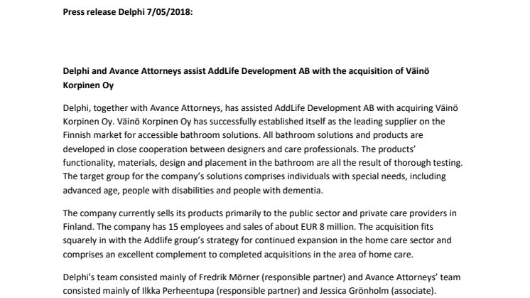 Delphi and Avance Attorneys assist AddLife Development AB with the acquisition of Väinö Korpinen Oy