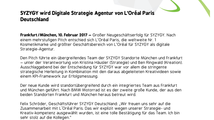 SYZYGY wird Digitale Strategie Agentur von L’Oréal Paris Deutschland
