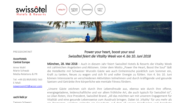 Swissôtel feiert Vitality Week von 4. bis 10. Juni 2018