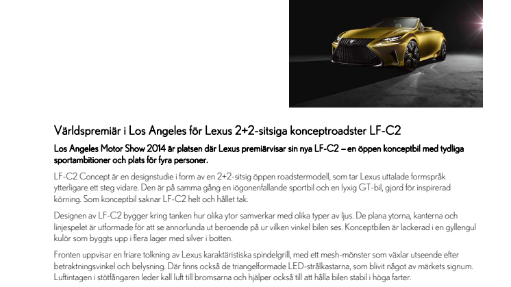 Världspremiär i Los Angeles för Lexus 2+2-sitsiga konceptroadster LF-C2