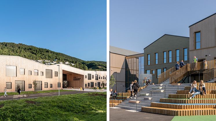 Det er klart for stemmegivning til Årets skolebygg 2022. Her er to av de i alt fem nominerte. Foto: Hundven-Clements Photography. 