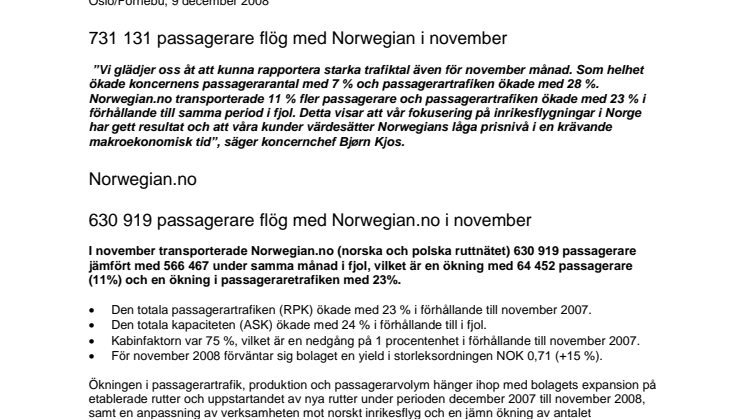 731 131 passagerare flög med Norwegian i november