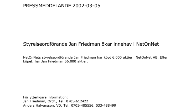 Styrelseordförande Jan Friedman ökar innehav i NetOnNet