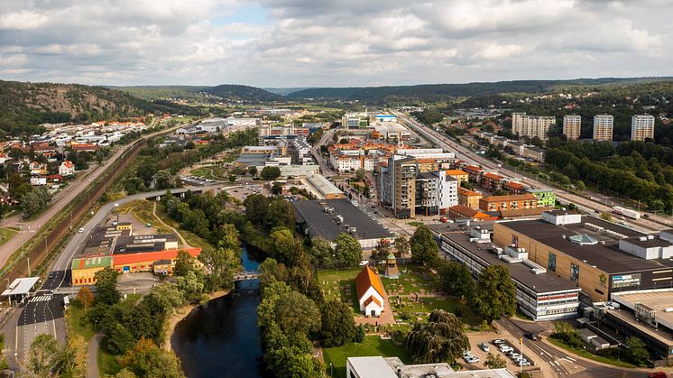 Drönarbild över Partille centrum