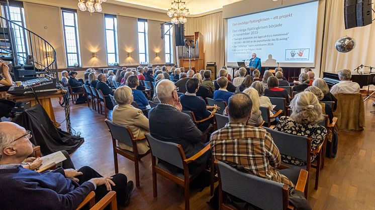 Sjömanskyrkans lokal var fullsatt vid presentationen i Göteborg av projektet "Den onödiga flyktingkrisen - rättssäkerheten, civilsamhället och flyktingkrisen 2015 - 2021".
