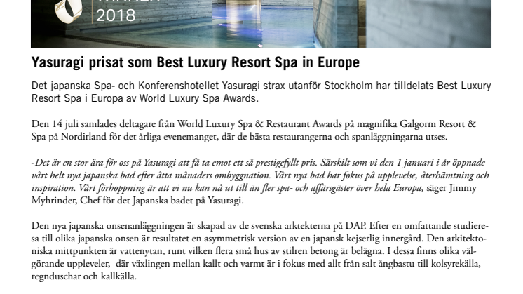 Yasuragi prisat som Best Luxury Resort Spa in Europe