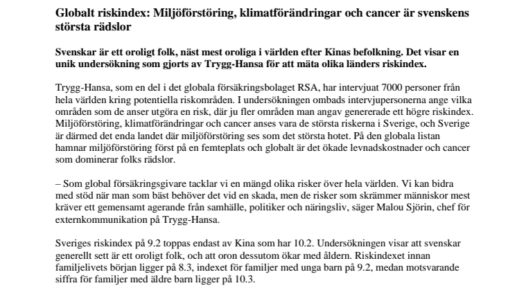 Globalt riskindex: Miljöförstöring, klimatförändringar och cancer är svenskens största rädslor