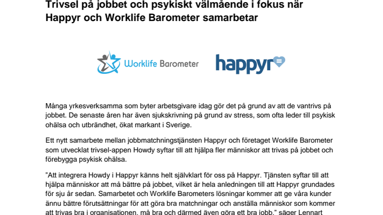 Trivsel på jobbet och psykiskt välmående i fokus när Happyr och Worklife Barometer samarbetar