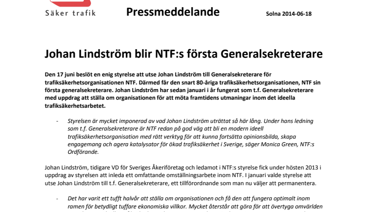 Johan Lindström blir NTF:s första Generalsekreterare