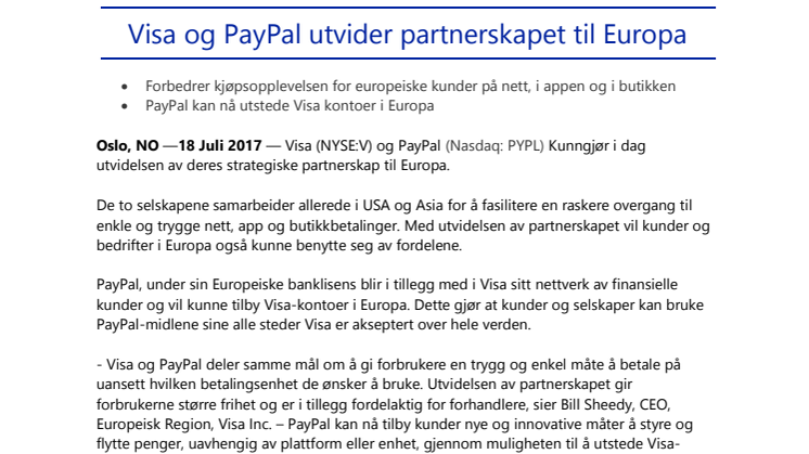 Visa og PayPal utvider partnerskapet til Europa