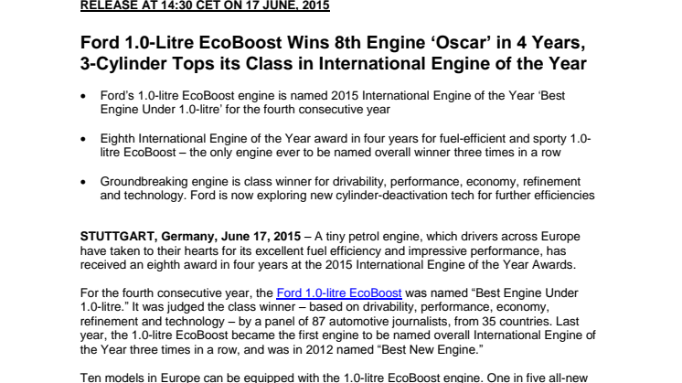  Fords EcoBoost kåret til årets motor under 1,0 liter for 4. gang i træk! 