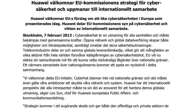 Huawei välkomnar EU-kommissionens strategi för cyber-säkerhet och uppmanar till internationellt samarbete