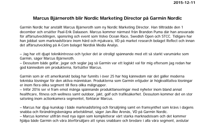 Marcus Bjärneroth blir Nordic Marketing Director på Garmin 