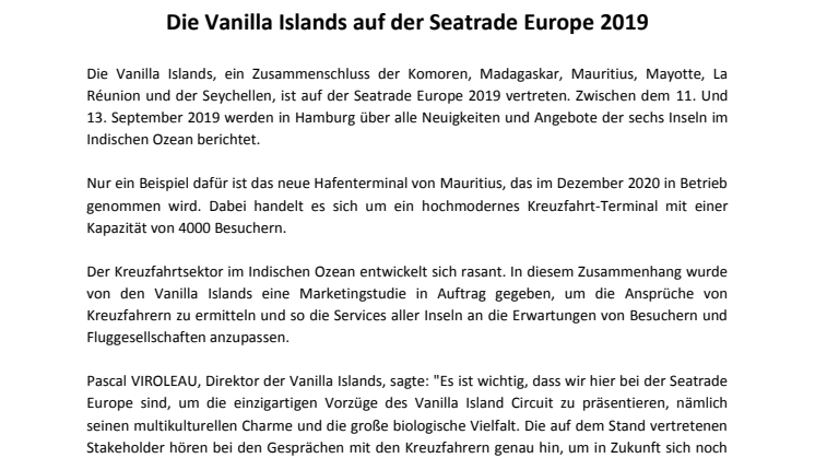 Vanilla Islands auf der Seatrade Europe 2019