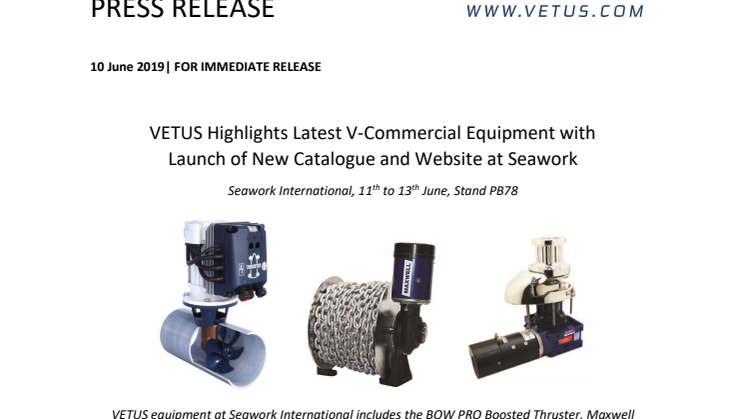 Seawork International - VETUS Highlights Latest V-Commercial Equipment with  Launch of New Catalogue and Website at Seawork