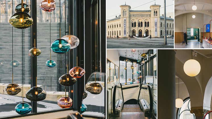 Håndlagde Crystal Stone lamper laget av dyktige glassblåsere pryder det nyoppussede Nobels Fredssenter