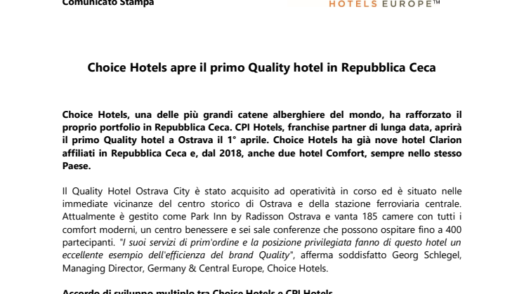 Choice Hotels apre il primo Quality hotel in Repubblica Ceca 