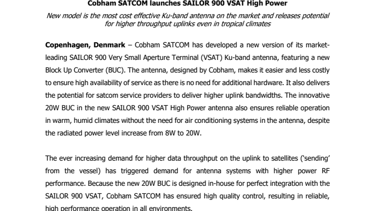 Cobham SATCOM: SAILOR 900 VSAT High Power Launches