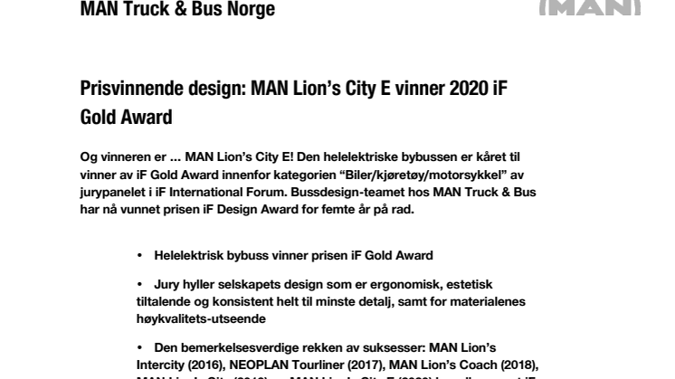 Prisvinnende design: MAN Lion’s City E vinner 2020 iF Gold Award 