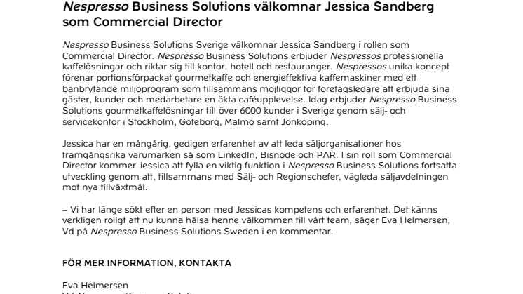 Nespresso Business Solutions välkomnar Jessica Sandberg